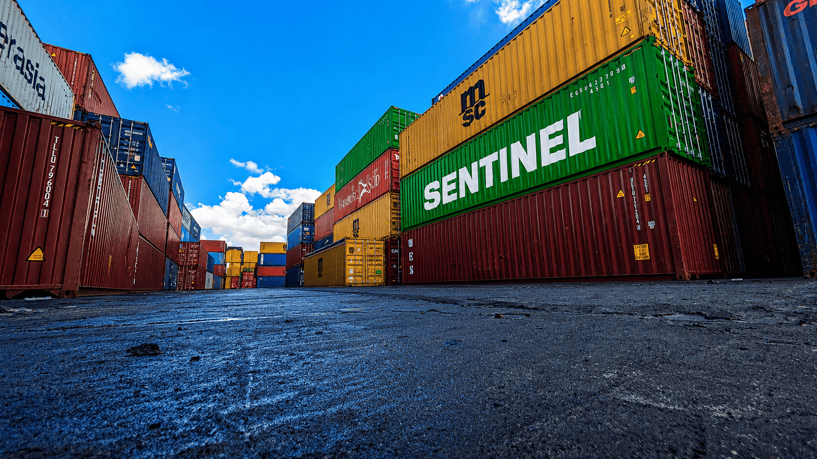 Stacked new and used shipping containers in a delivery yard