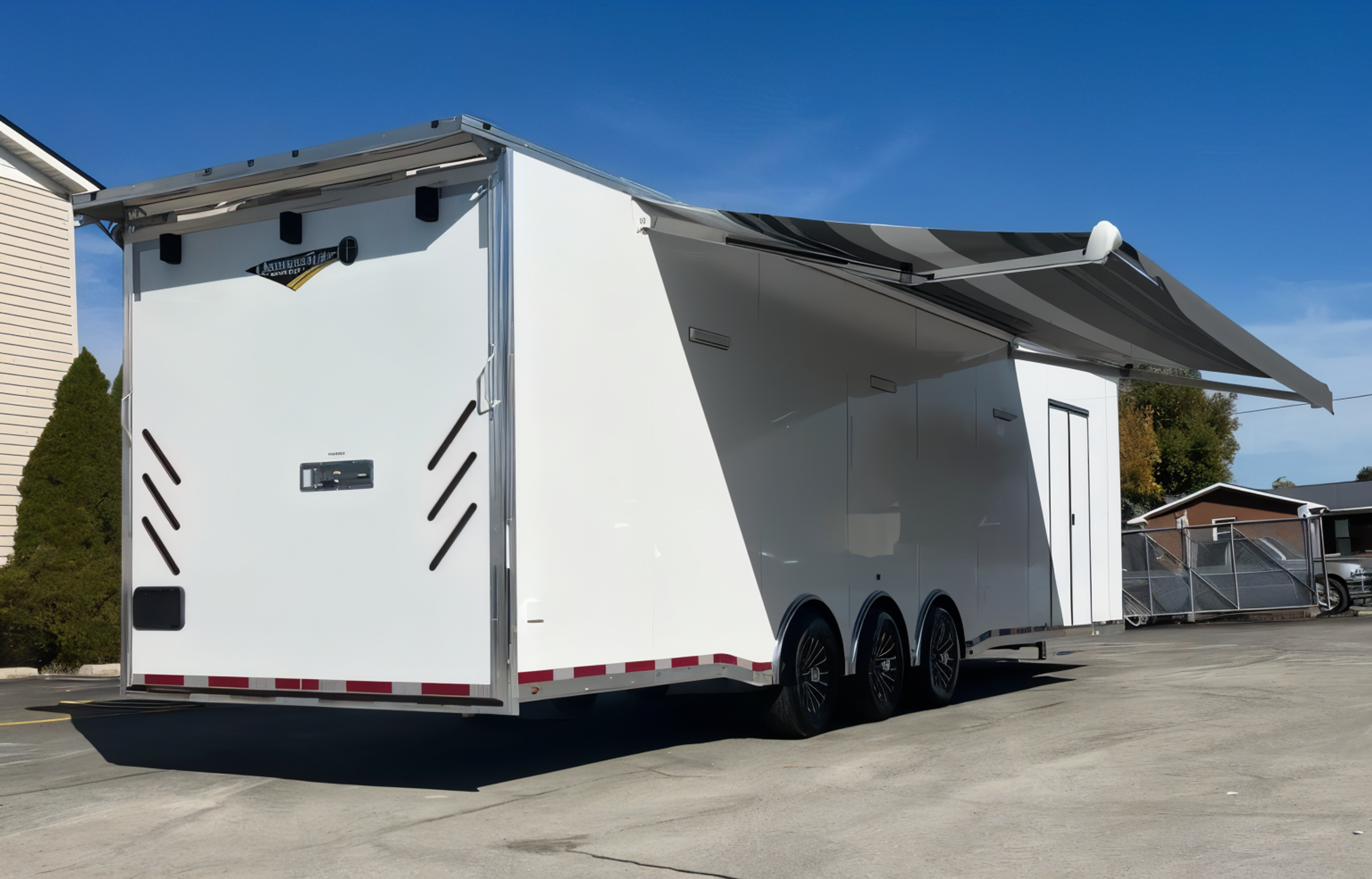 Enclosed Car Trailer 2025 34ft. w/Large Corner Bathroom, Electric Awning,