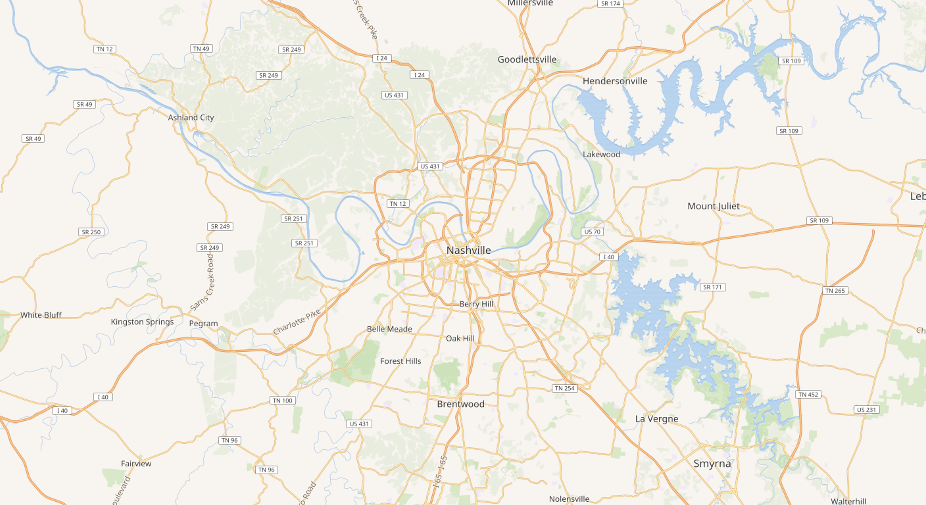 Service-area map of metro Nashville, TN (sample map image)