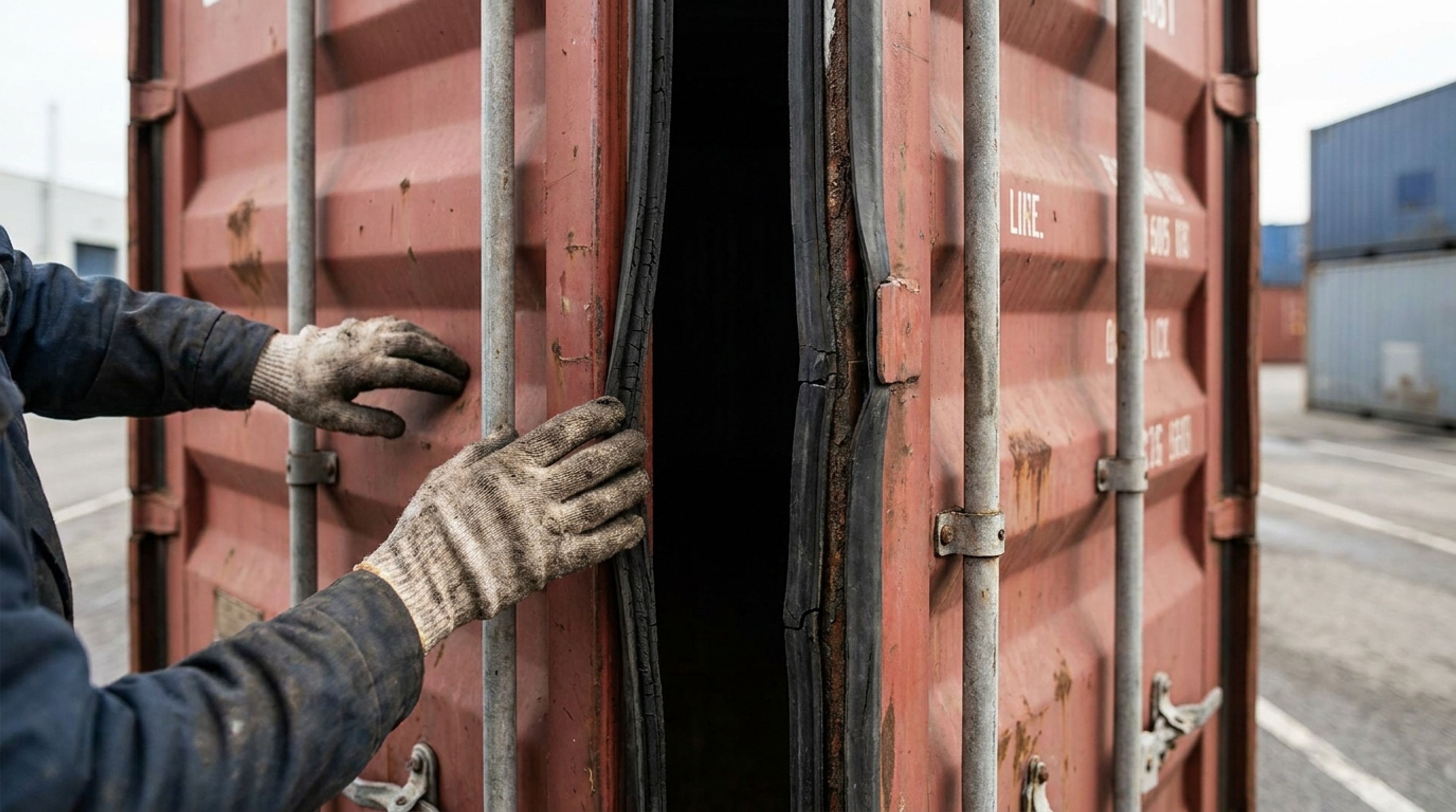 Close-up inspection of a used shipping container's doors and seals