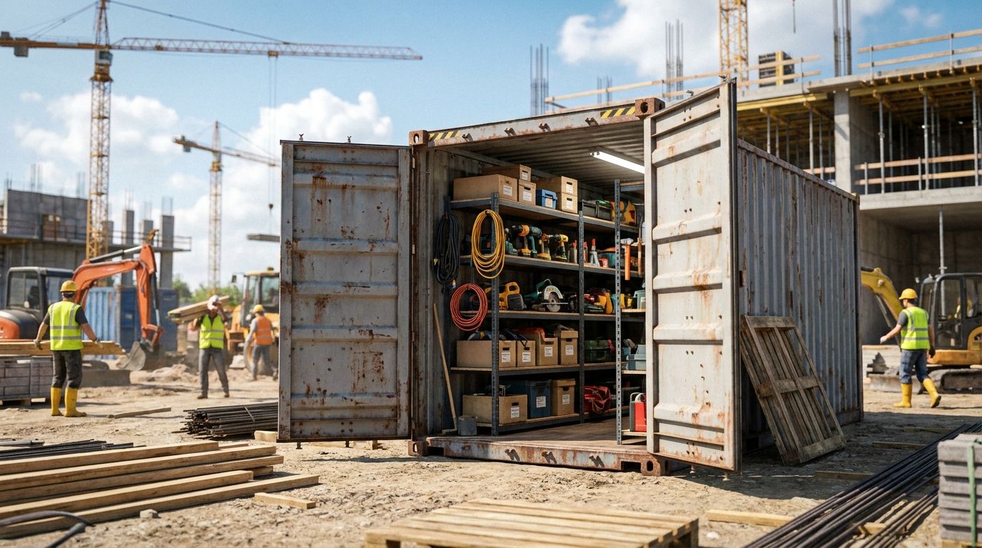 Shipping containers used for secure storage on a construction site