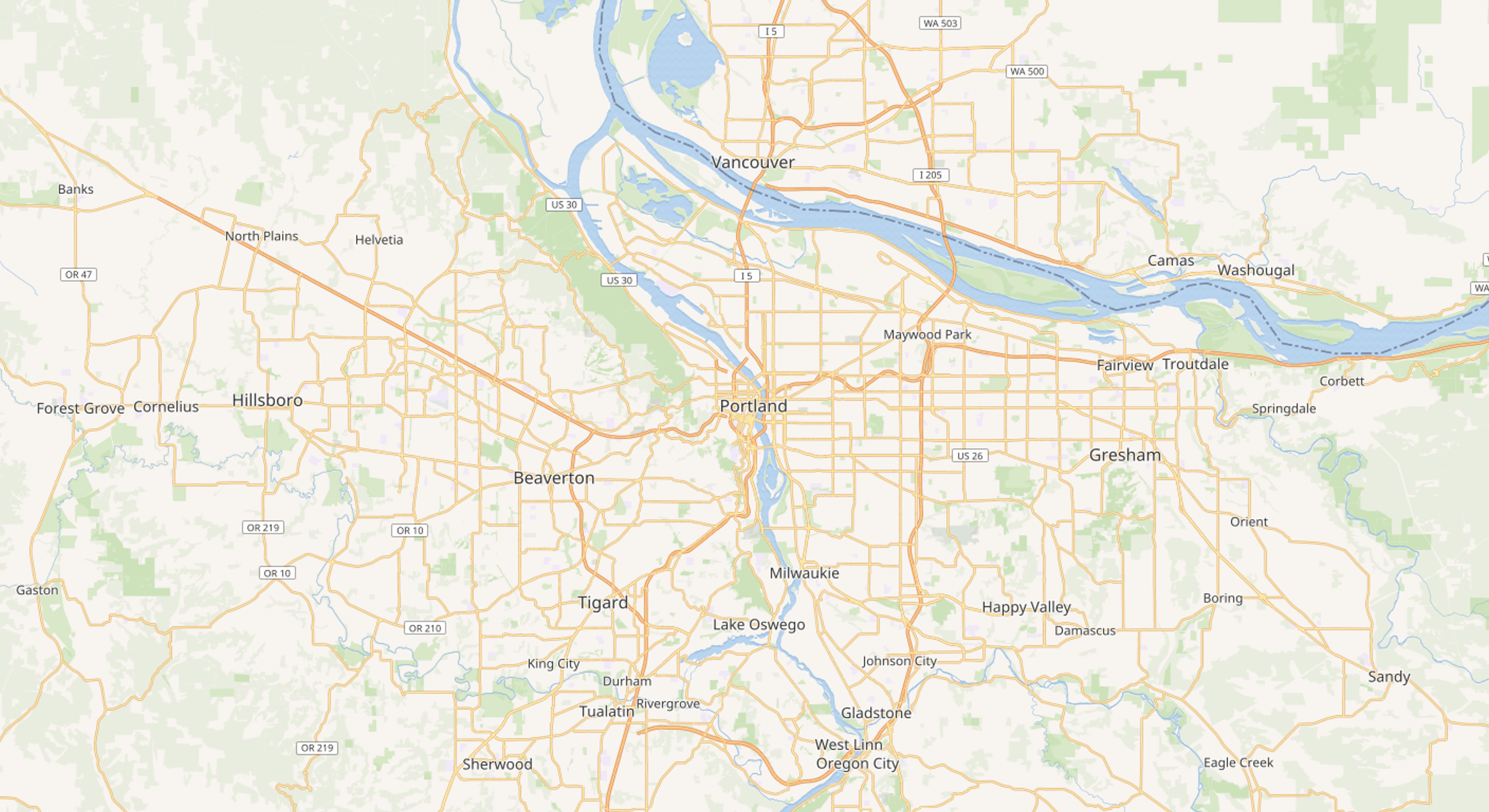 Service-area map of metro Portland, OR (sample map image)