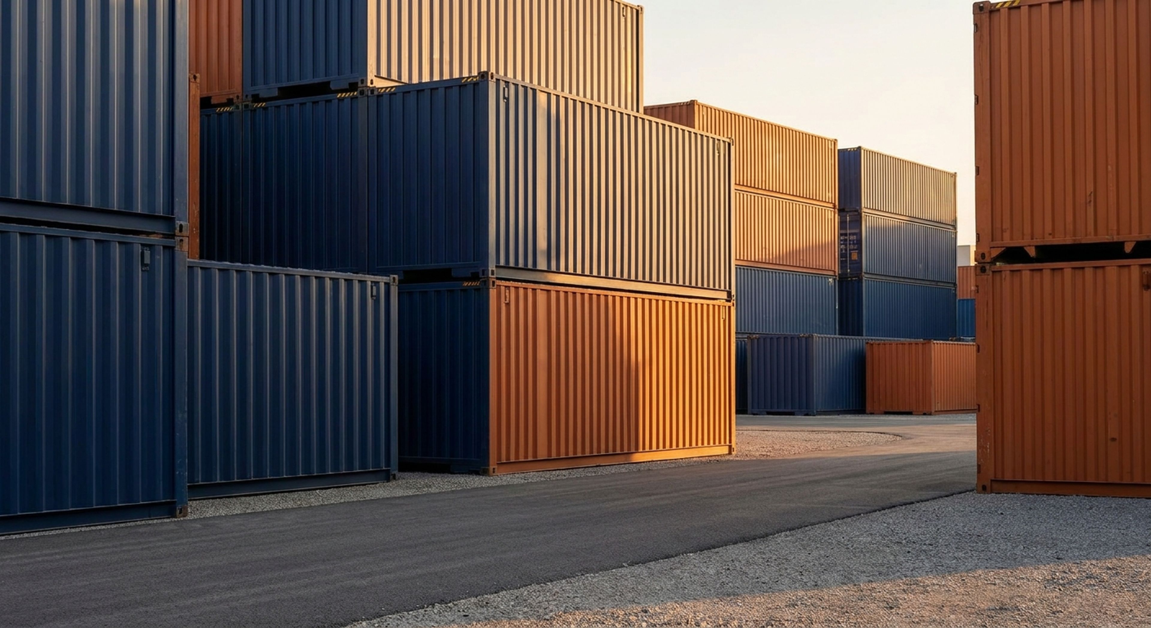 Stacked new shipping containers in a container yard at golden hour (placeholder image)