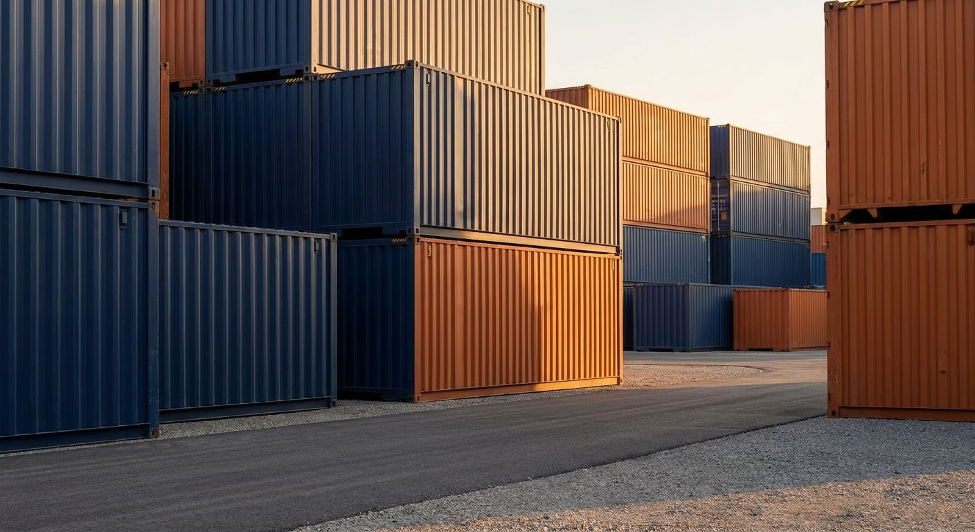 Stacked new shipping containers in a container yard at golden hour (placeholder image)