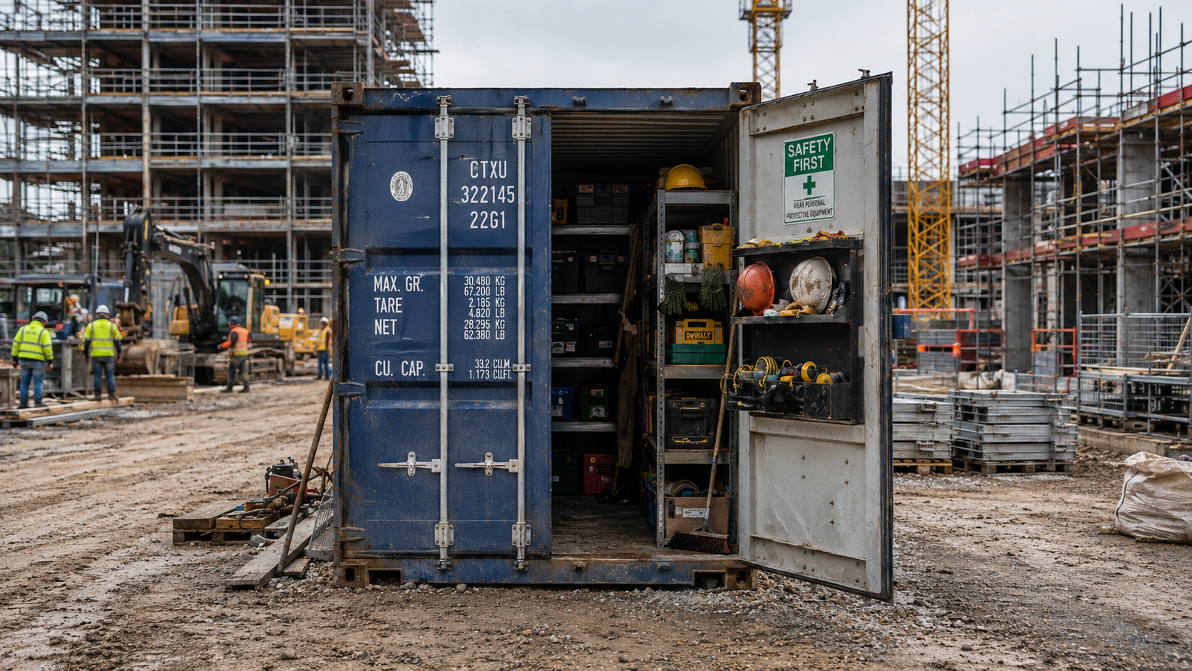 Shipping containers used for secure storage on a construction site