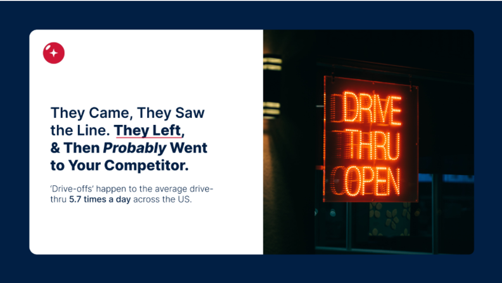Article cover graphic reading "They came, they saw the line. They left, and then probably went to your competitor" next to a glowing red Drive Thru Open neon sign.