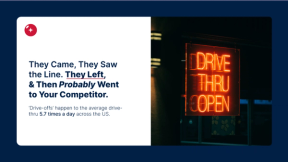 Article cover graphic reading "They came, they saw the line. They left, and then probably went to your competitor" next to a glowing red Drive Thru Open neon sign.