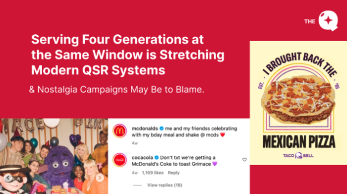 Grimace birthday party and Mexican Pizza social posts under the headline "Serving Four Generations at the Same Window is Stretching Modern QSR Systems"