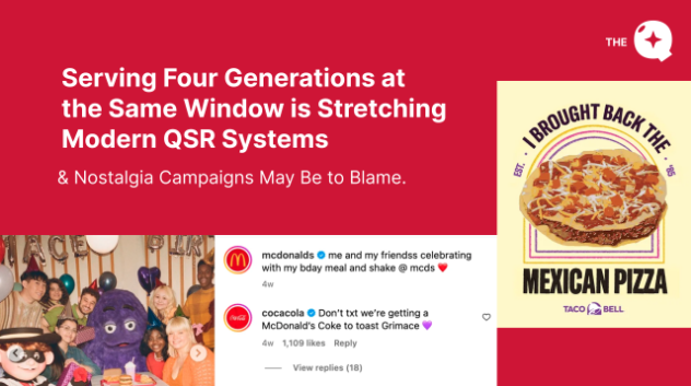 Grimace birthday party and Mexican Pizza social posts under the headline "Serving Four Generations at the Same Window is Stretching Modern QSR Systems"