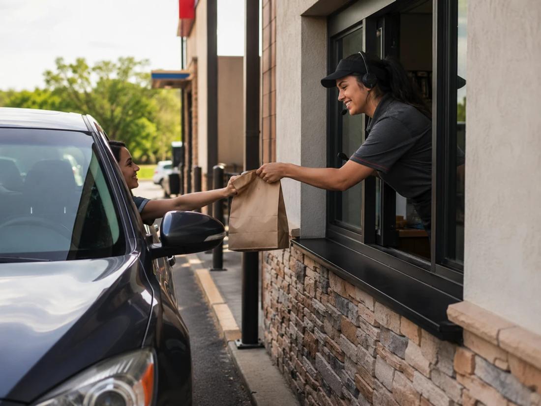 an open drive through window with a customer picking up food from the drive thru window