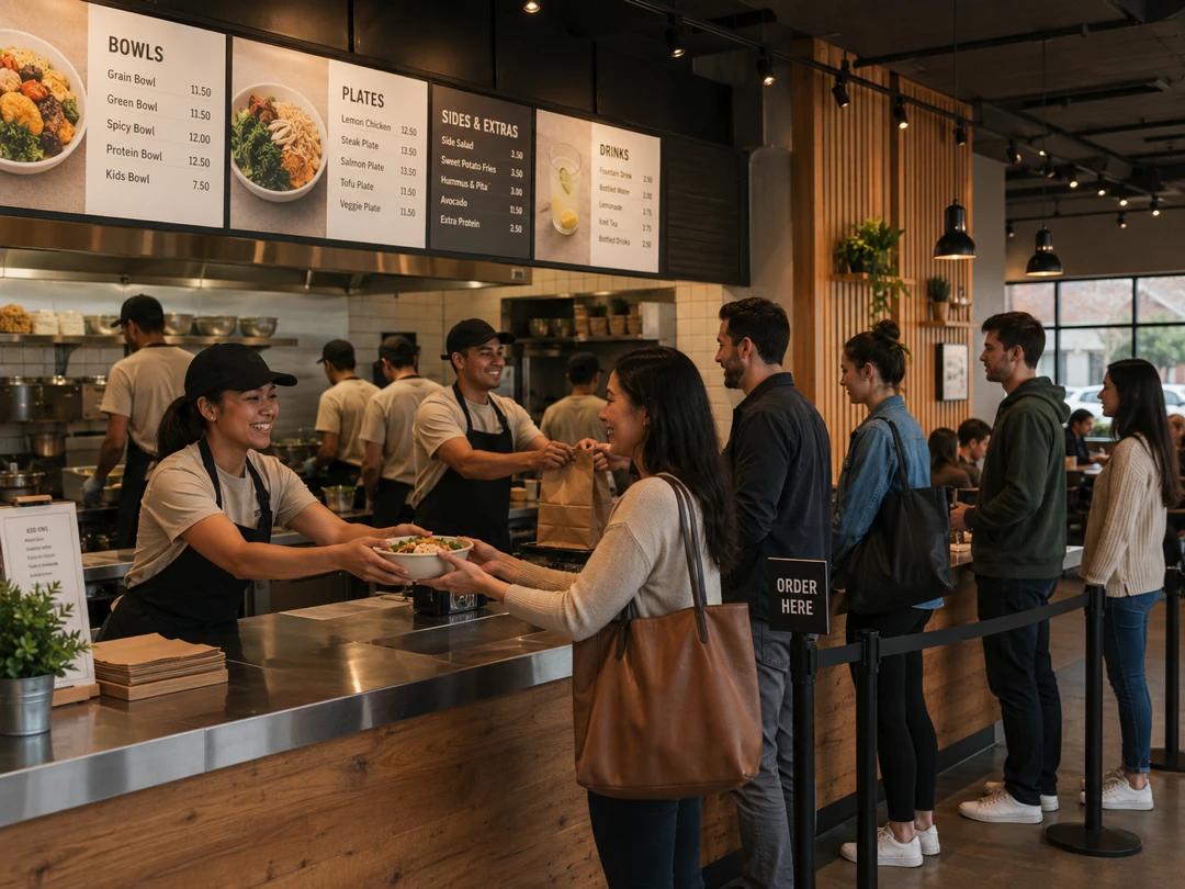 fast casual restaurant interior giving orders to customers