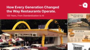 Retro McDonald's restaurant and vintage fast-food ads under the headline "How Every Generation Changed the Way Restaurants Operate: 100 Years, From Standardization to AI"