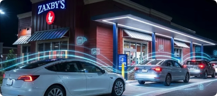 Zaxby's drive-thru at night with Berry AI computer vision tracking cars in the lane