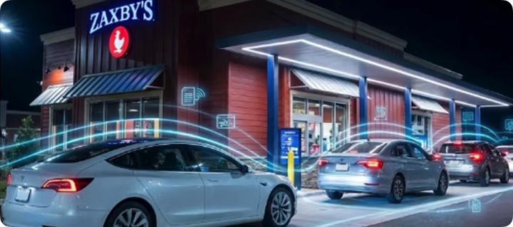 Zaxby's drive-thru at night with Berry AI computer vision tracking cars in the lane