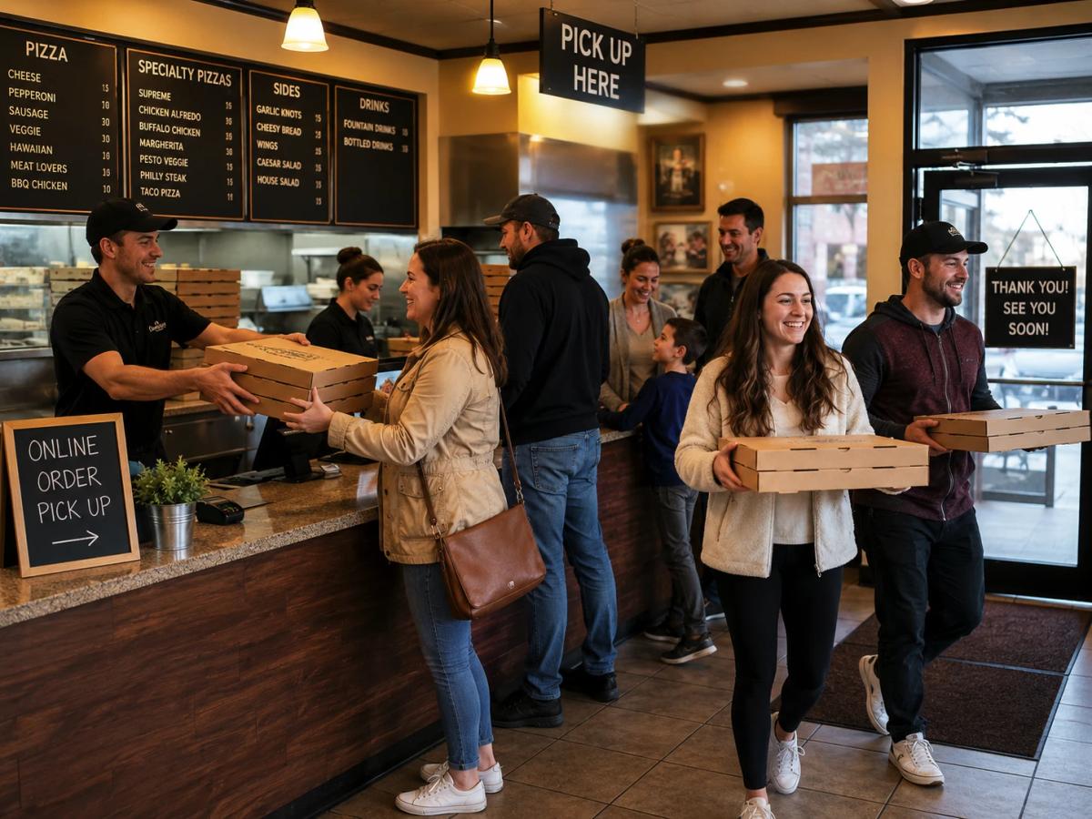 a pizza lobby that shows customers picking up pizzas that they ordered