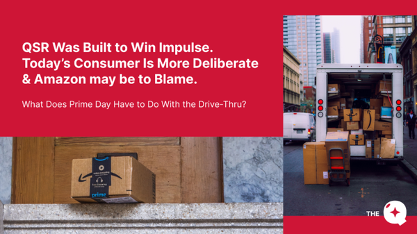 Red cover graphic reading QSR Was Built to Win Impulse, with a Prime delivery box on a doorstep and a delivery truck full of packages