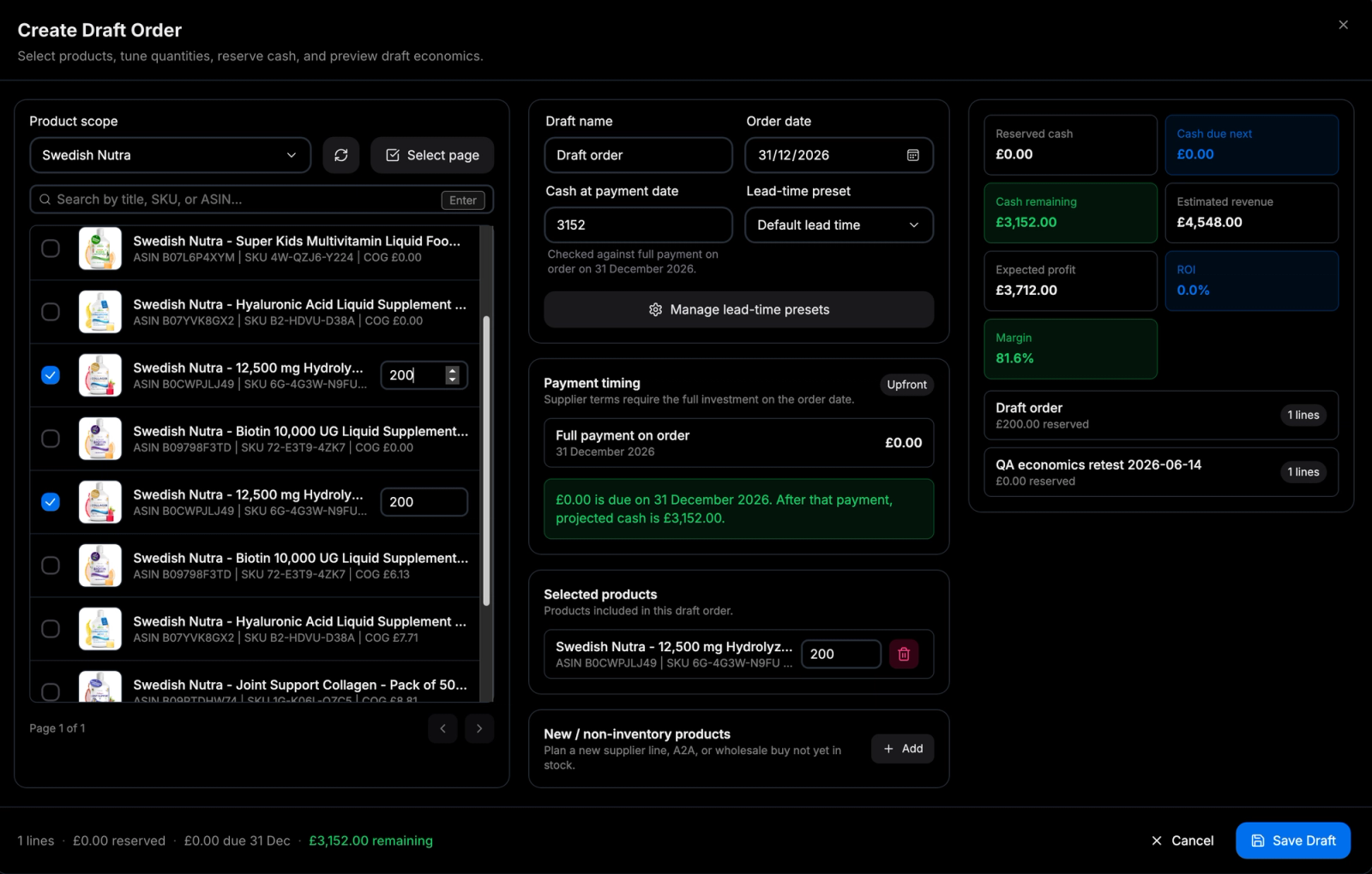 uy Plan Studio amazon inventory management draft order builder showing projected revenue, profit, and cash impact before confirming a supplier order.