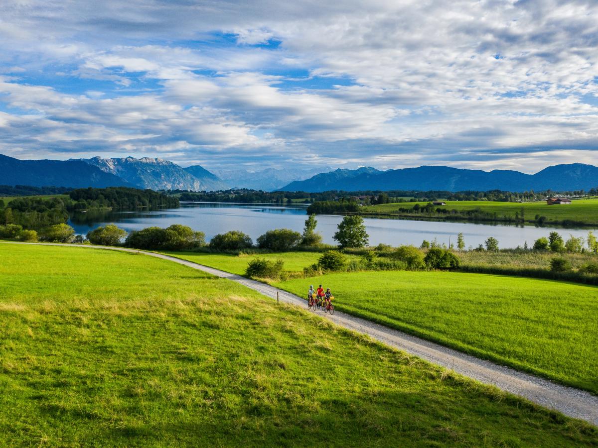 the Riegsee, a lake in Bavaria, Germany. It is known for its idyllic location with a backdrop of mountains and lush green landscapes