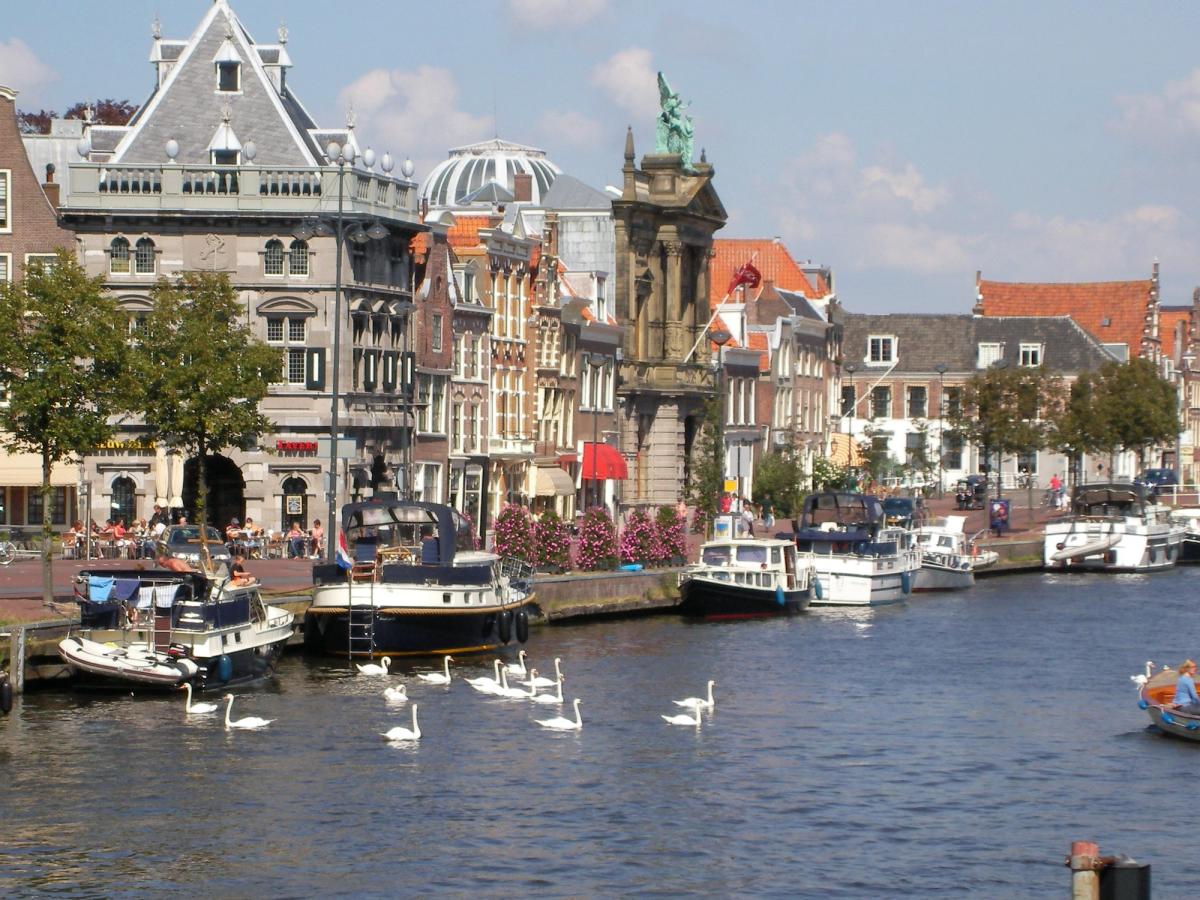 the city of Haarlem in the Netherlands, specifically showcasing the Spaarne River and the historic buildings lining its banks. 