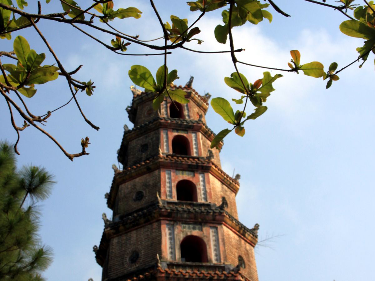 the Phuoc Duyen Tower, a prominent feature of the Thien Mu Pagoda in Hue, Vietnam