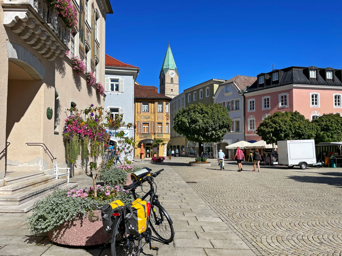 the Rathausplatz (Town Hall Square) in Bad Reichenhall, a spa town in Upper Bavaria, Germany