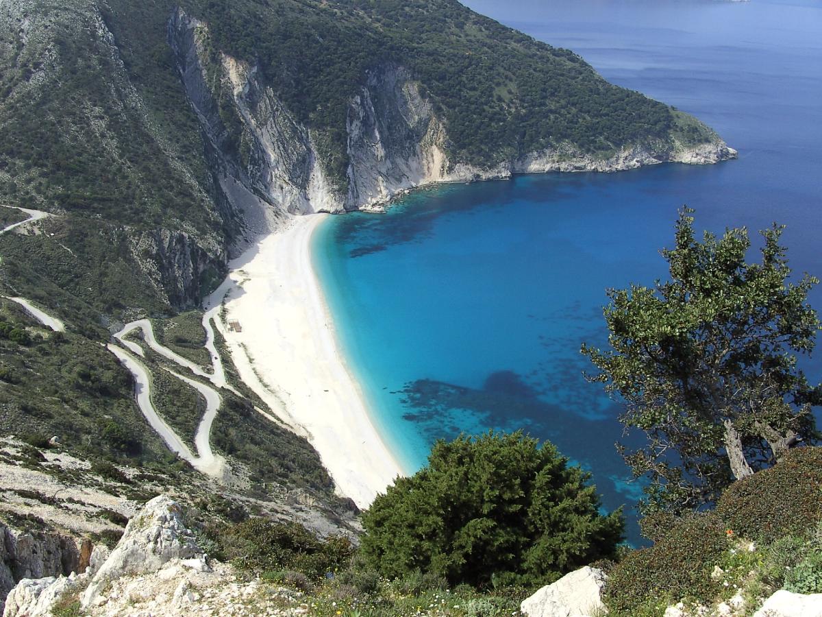 Myrtos Beach, a renowned beach located on the island of Kefalonia, Greece