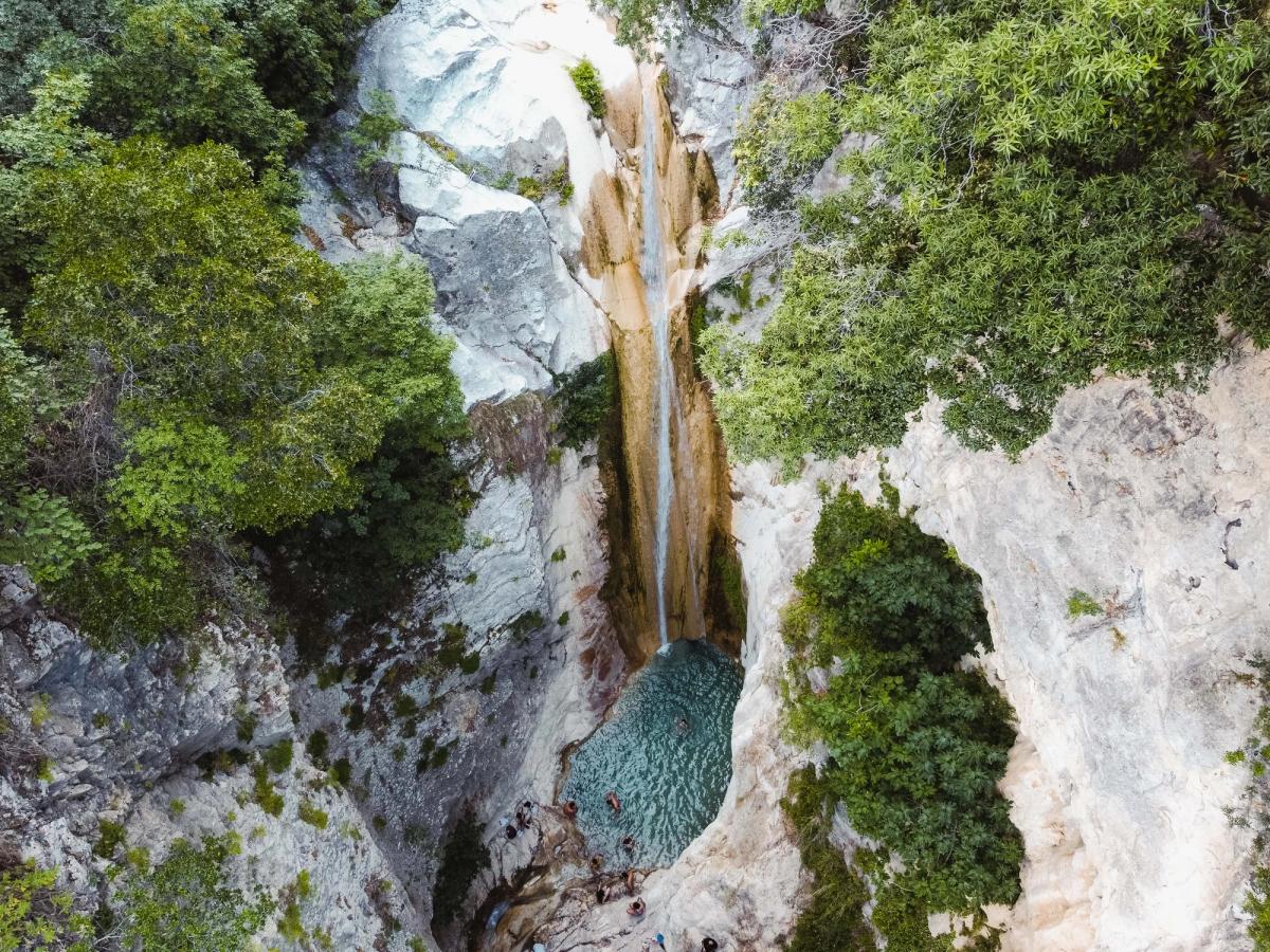 the Nydri Waterfalls (also known as Dimossari Waterfalls) located near the village of Nidri on the Greek island of Lefkada