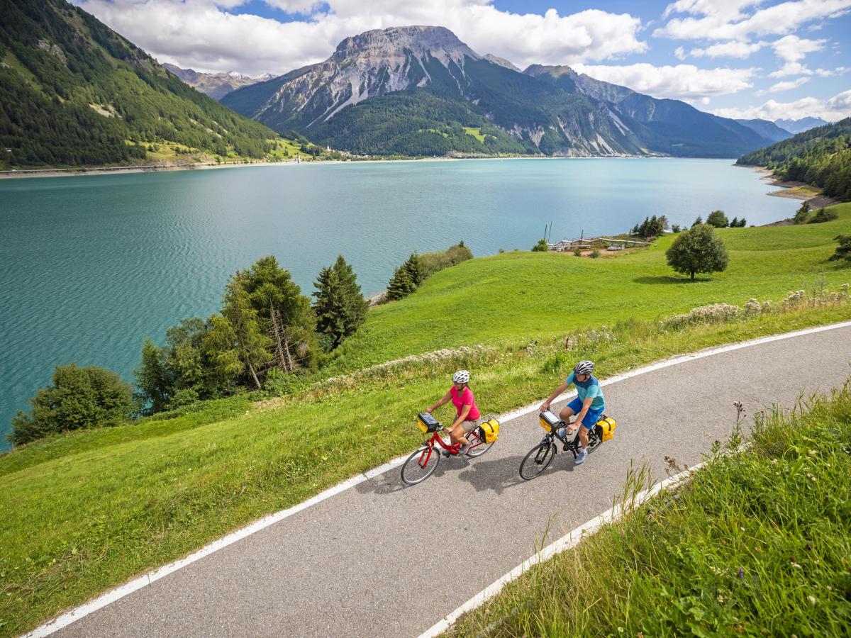 Lake Reschen views on a cycling tour