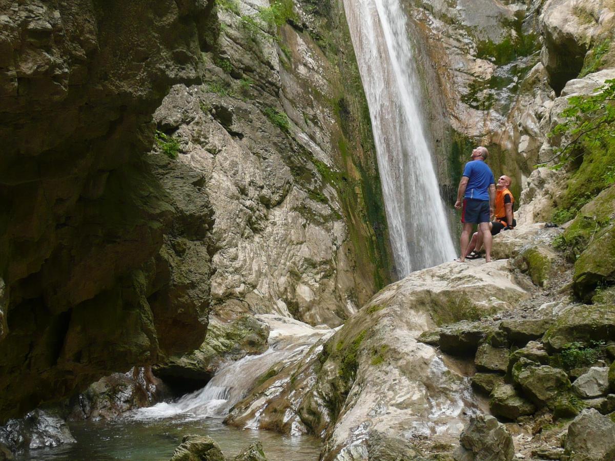 the Nidri Waterfalls, also known as Dimossari Waterfalls, located near the village of Nidri on the Greek island of Lefkada