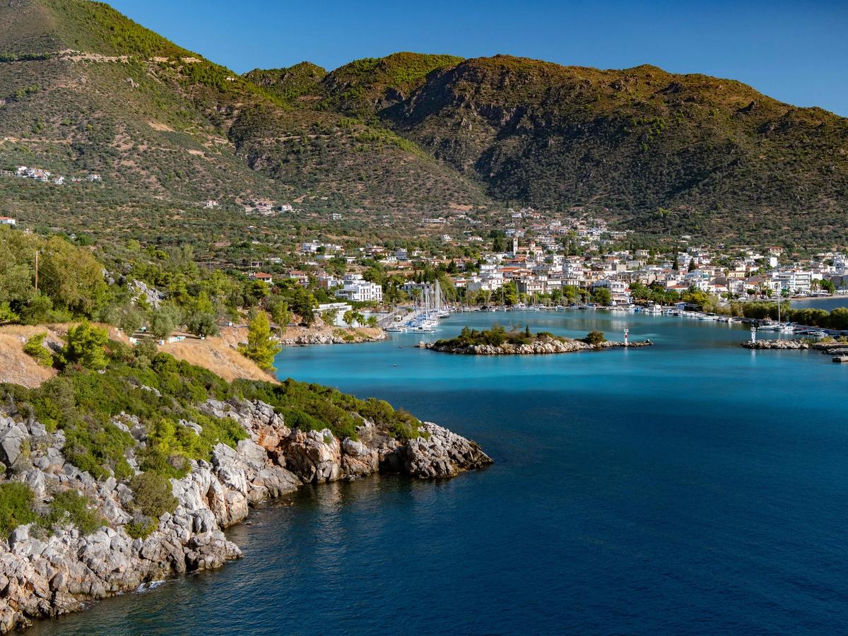the Methana Peninsula in Greece, a volcanic peninsula located in the northeastern Peloponnese and connected to the mainland by a narrow bridge