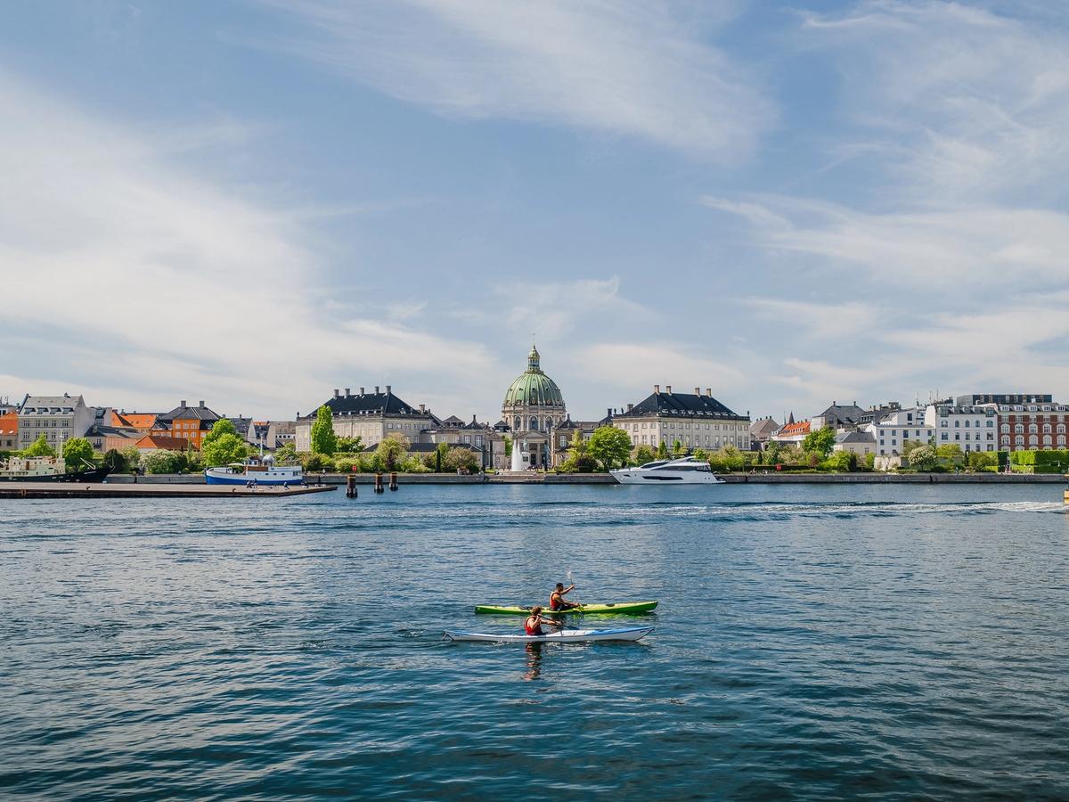 a scenic view of Copenhagen, Denmark, with the prominent Amalienborg Palace and the Frederik's Church (Marble Church) visible in the background across the water