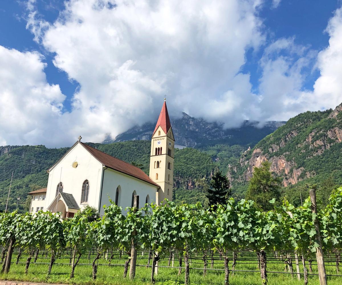 Church on the banks of Lake Garda with a vineyard