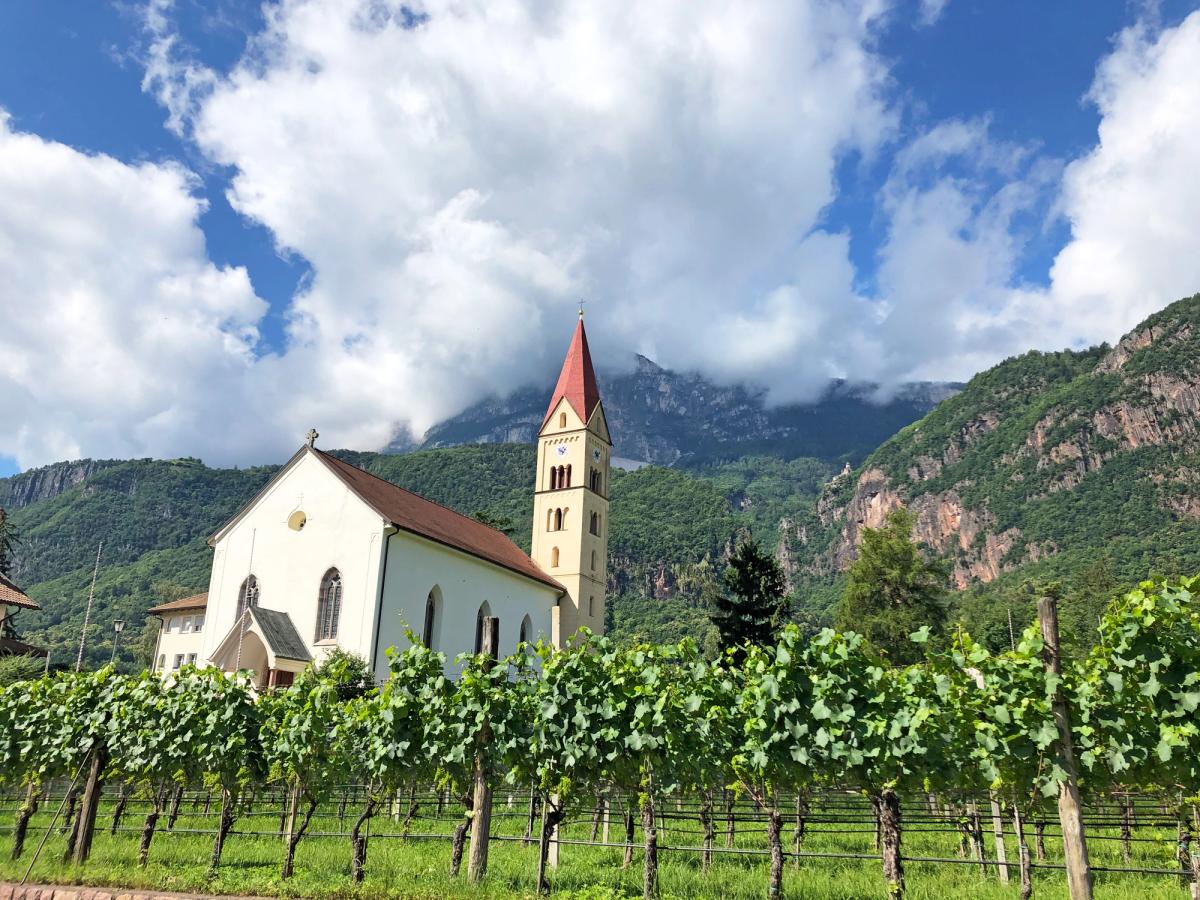 Church on the banks of Lake Garda with a vineyard
