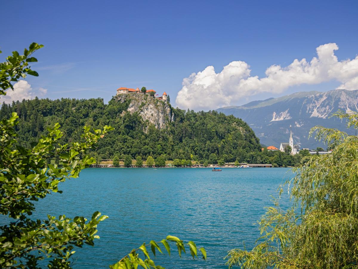Lake Bled in Slovenia, featuring Bled Castle perched on a cliff overlooking the lake and the iconic Pilgrimage Church of the Assumption of Mary on Bled Island