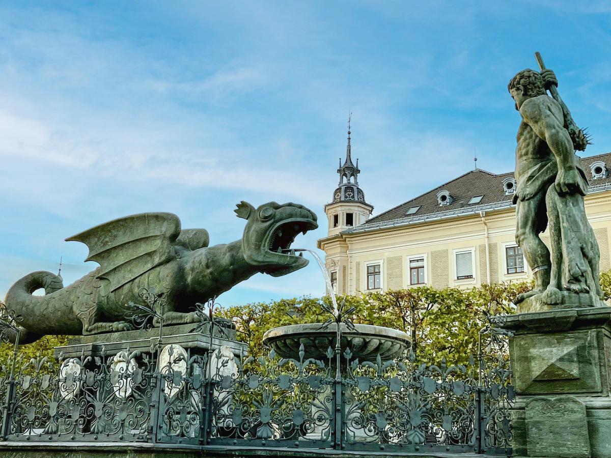 the Lindwurmbrunnen, or Lindworm Fountain, in Klagenfurt, Austria
