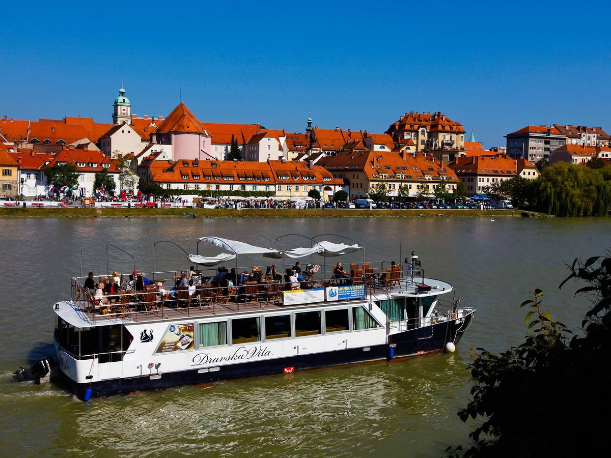 the Dravska Vila boat cruising on the Drava River in Maribor, Slovenia
