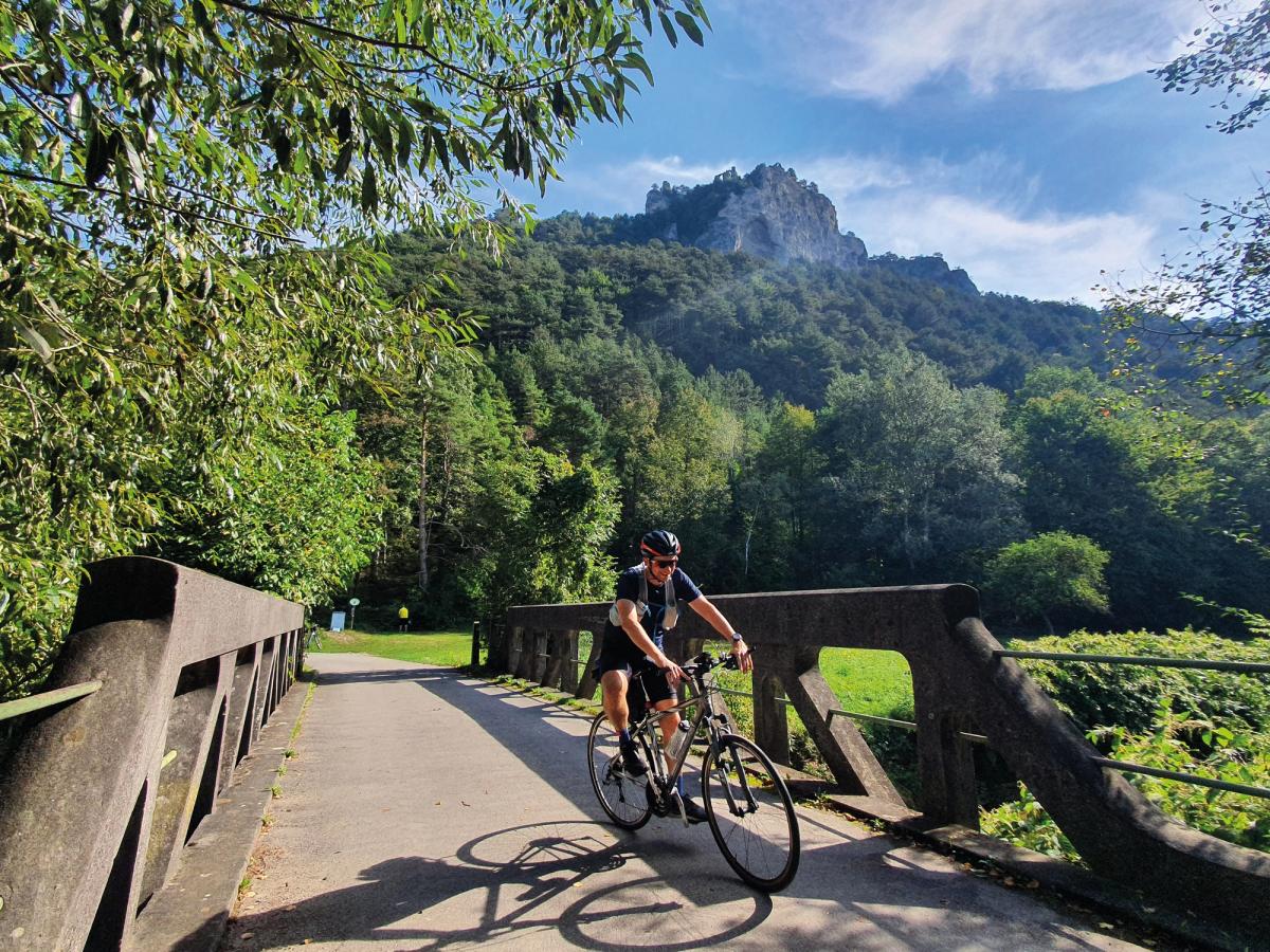 a person on a bicycle on a bridge, with a mountain in the background. The scene is likely along the Inn Cycle Path in Austria