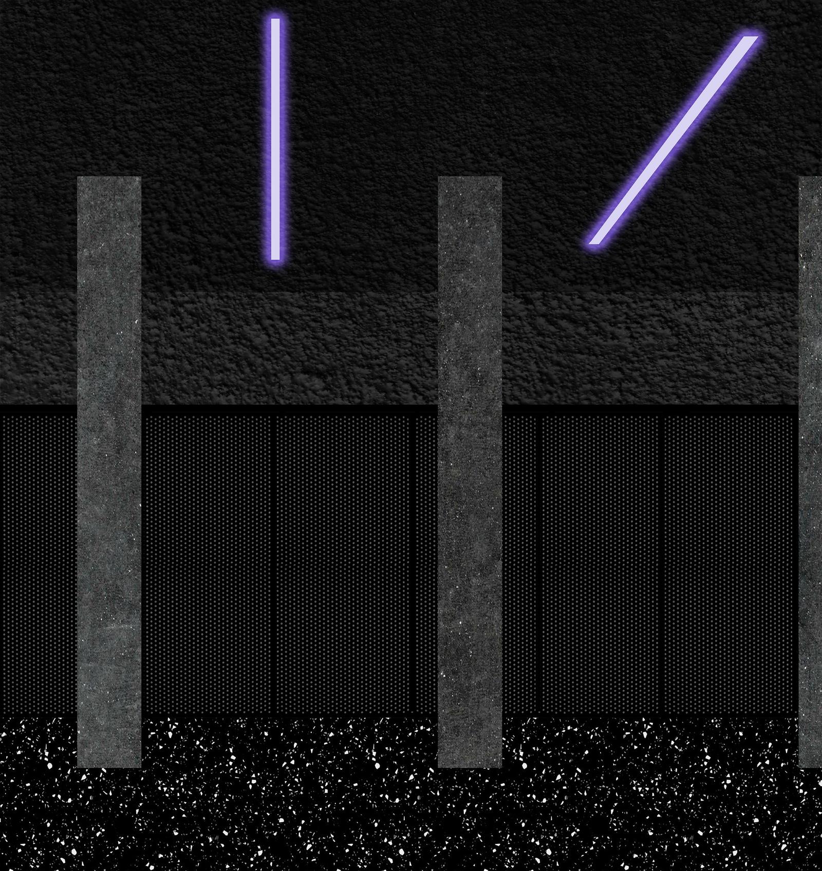 Lighting concept with violet strips between dark vertical panels