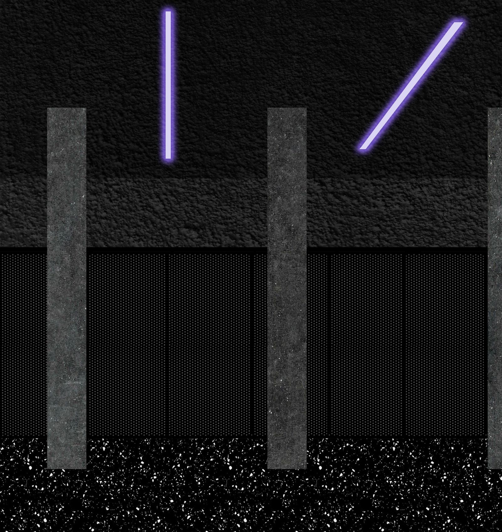 Lighting concept with violet strips between dark vertical panels