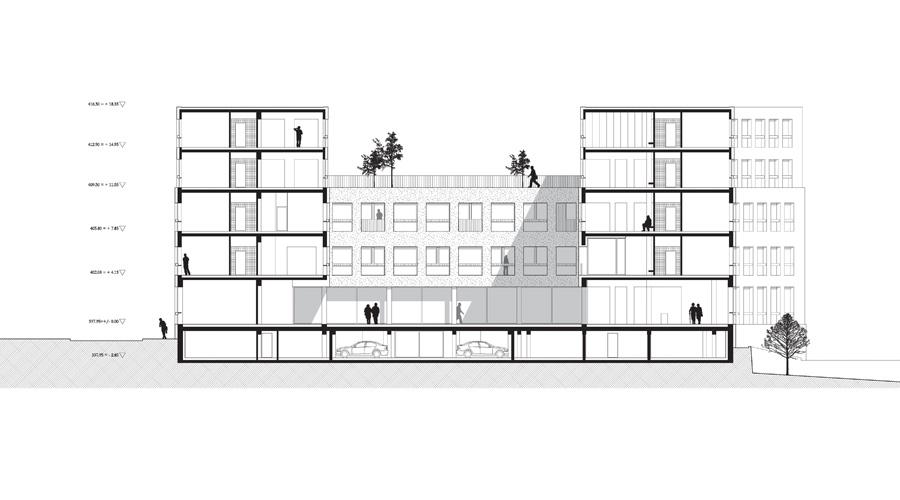 Longitudinal section through the courtyard and residential wings