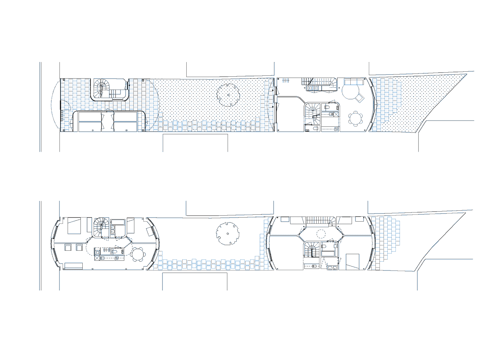 Two floor plans of a long narrow dwelling with rounded ends