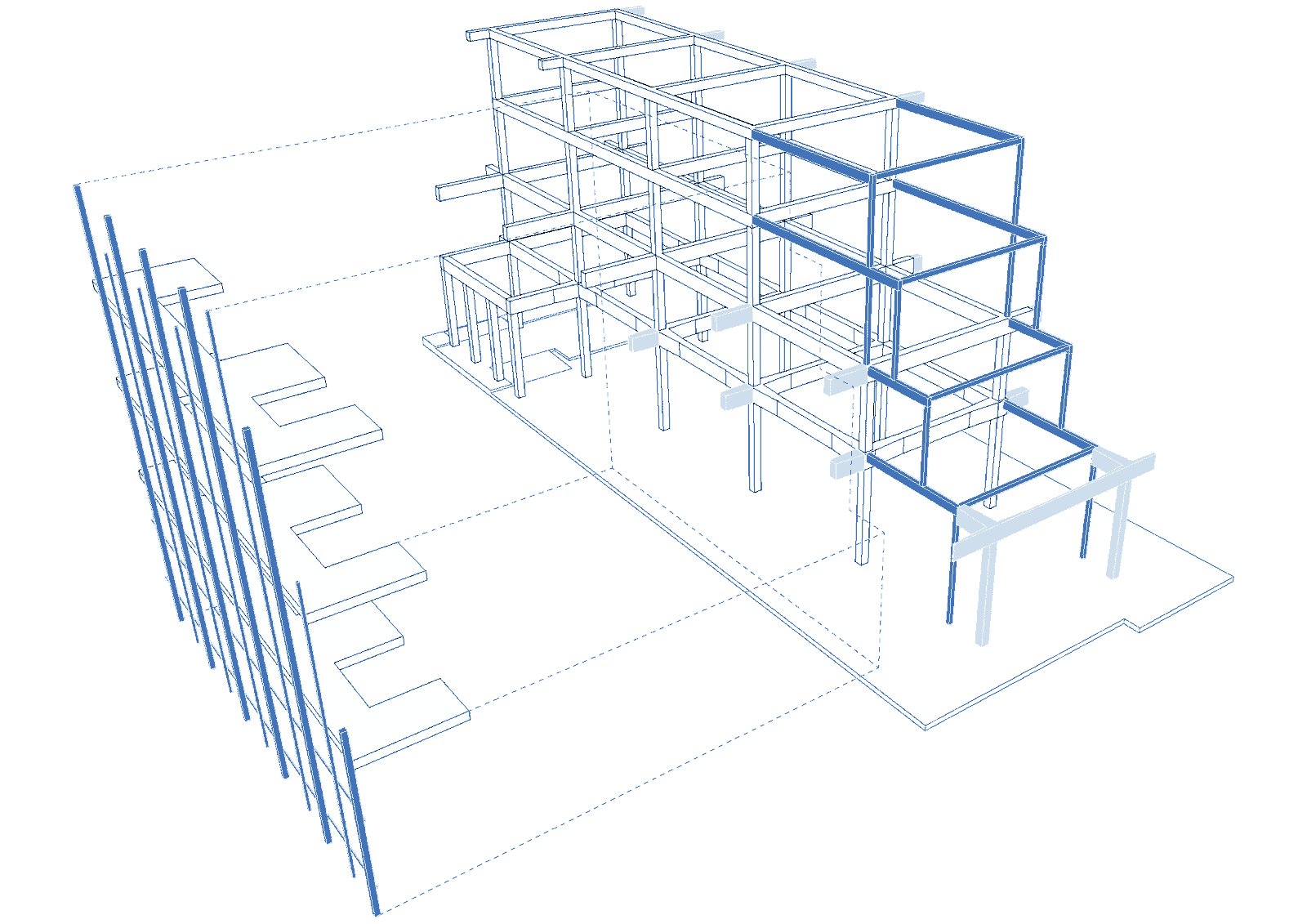 Structural axonometric highlighting the added frame in blue