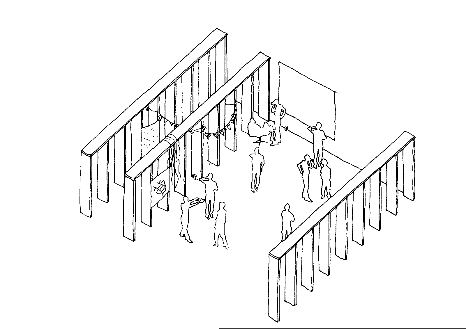 Axonometric diagram of a crowded event within the open structural grid