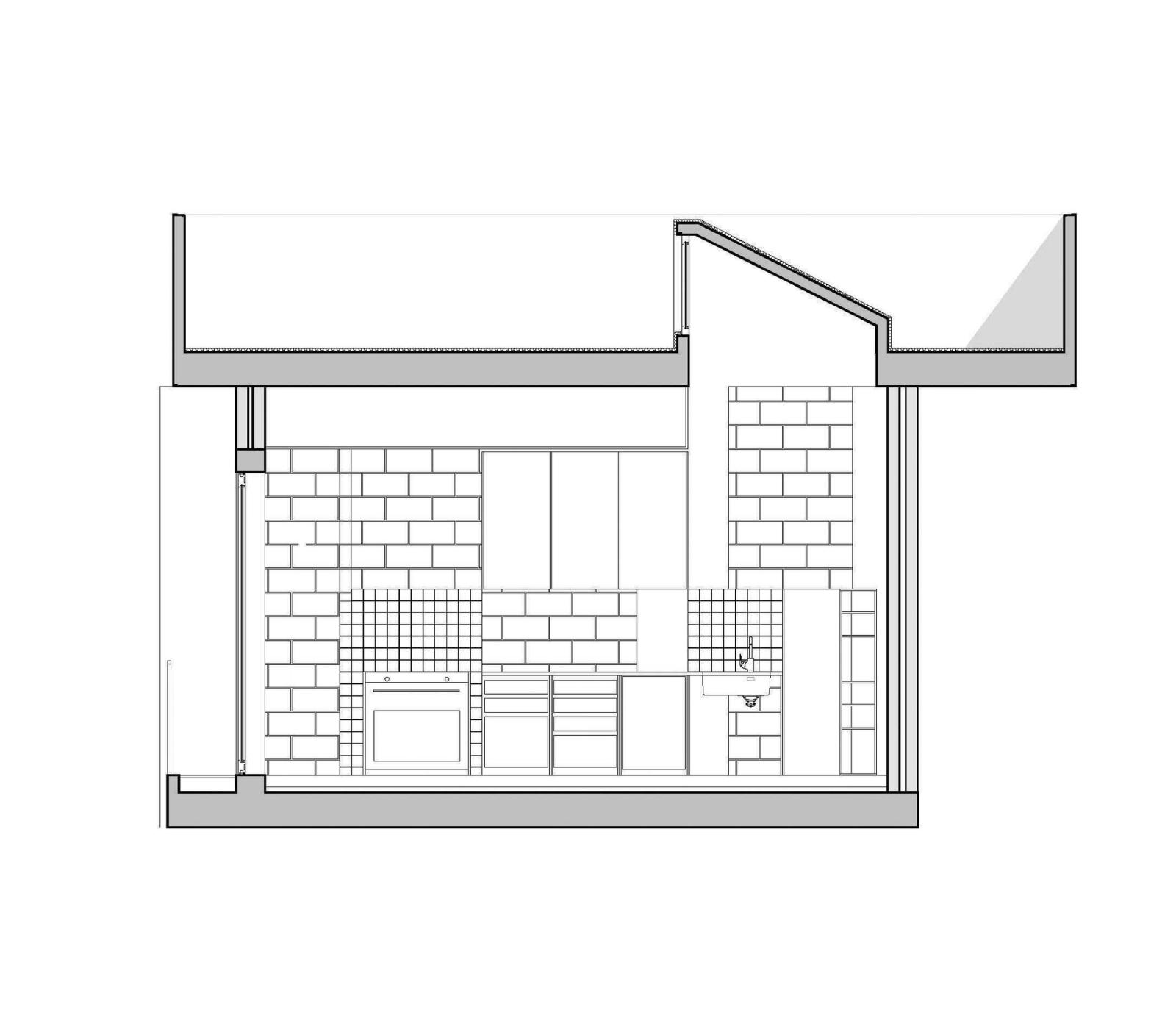 Section through the rooftop room, terrace and masonry enclosure