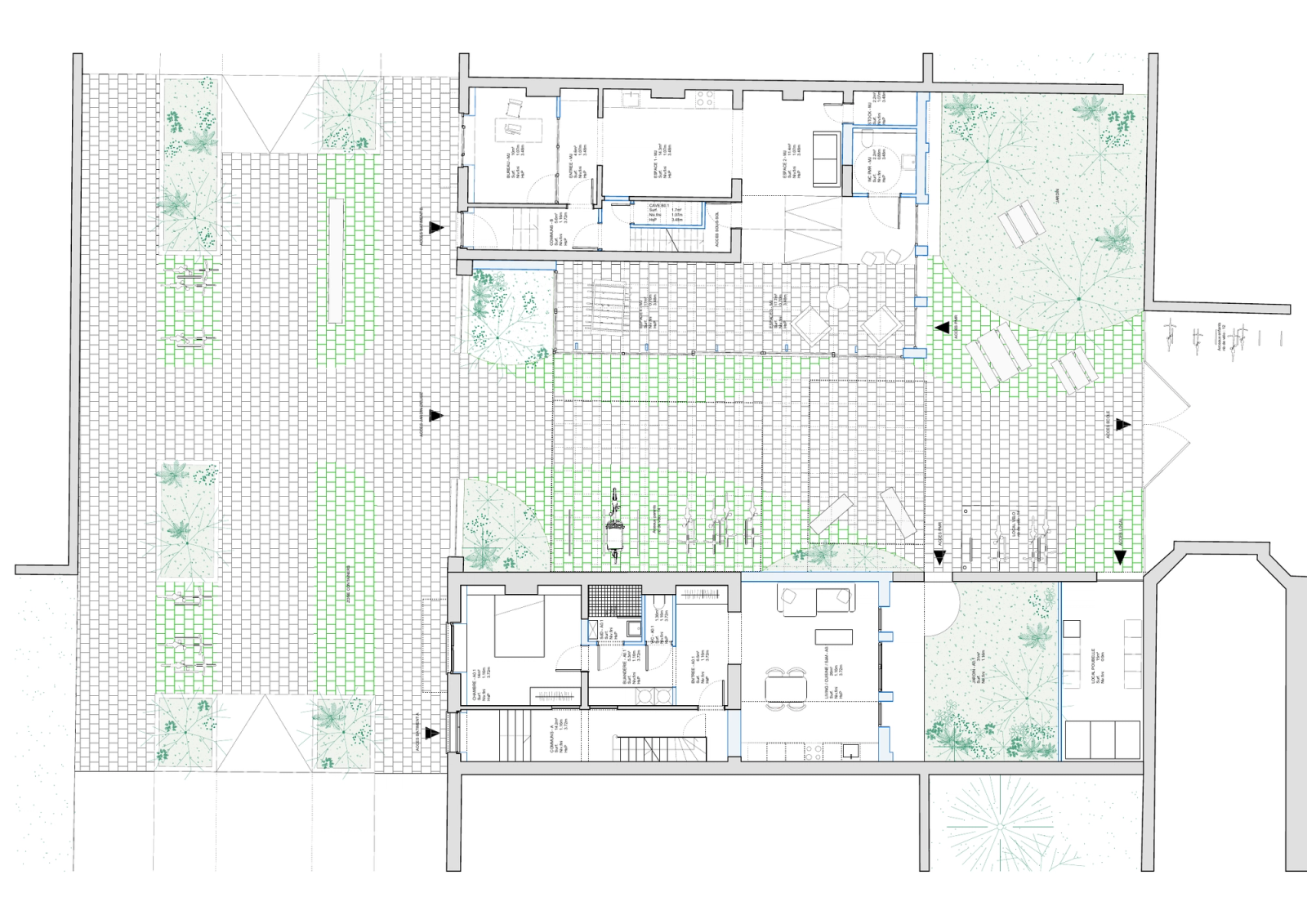 Ground floor plan showing the rooms and building entrances.