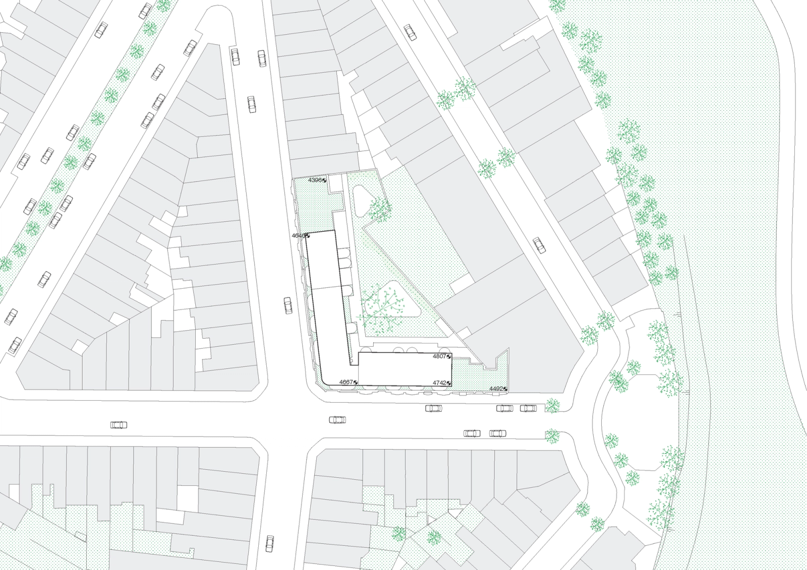 Site plan of the triangular plot between housing and a curved road