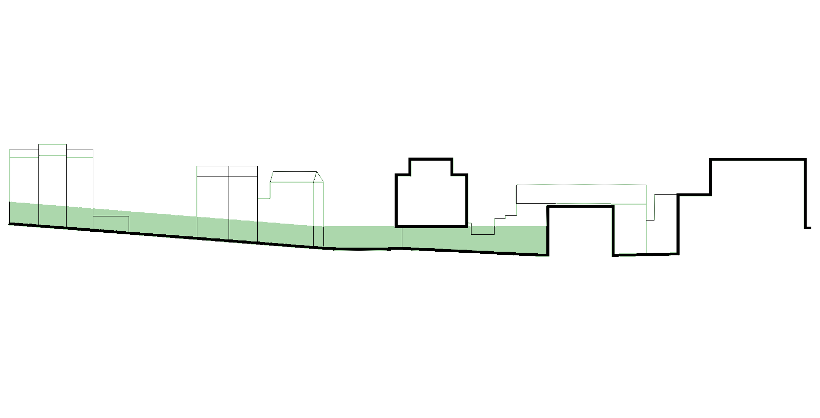 Site section highlighting a green route across stepped ground