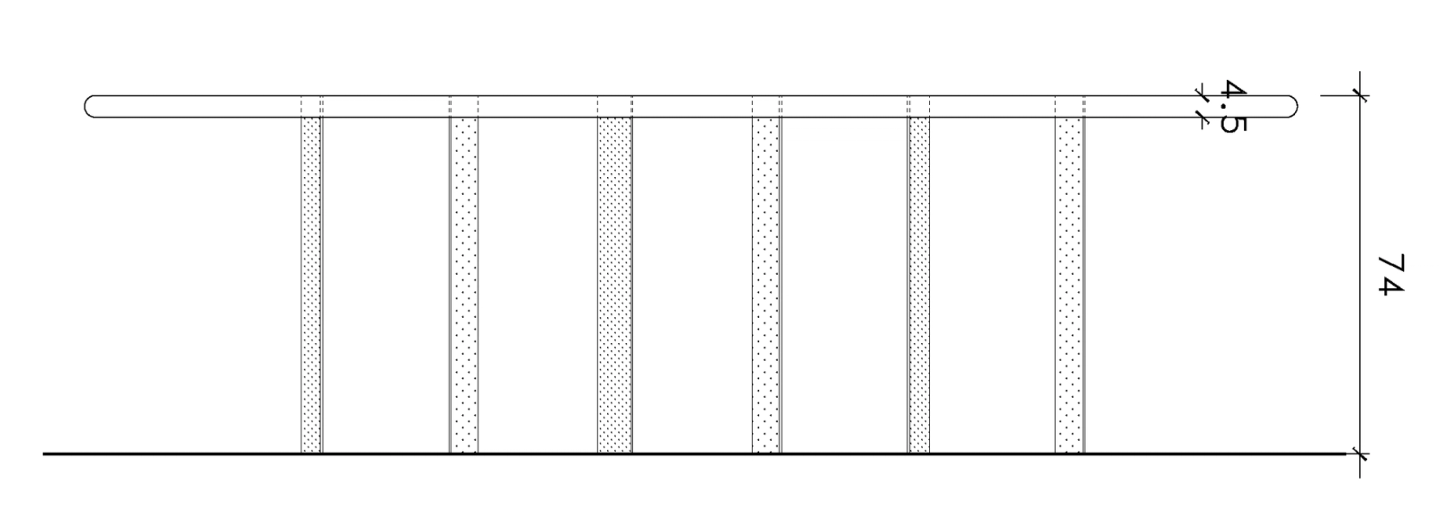 Side elevation of a low bench with a long horizontal surface