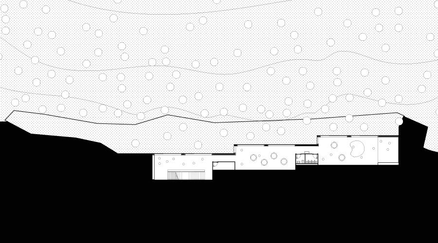 Roof plan of a low house embedded in a contoured hillside