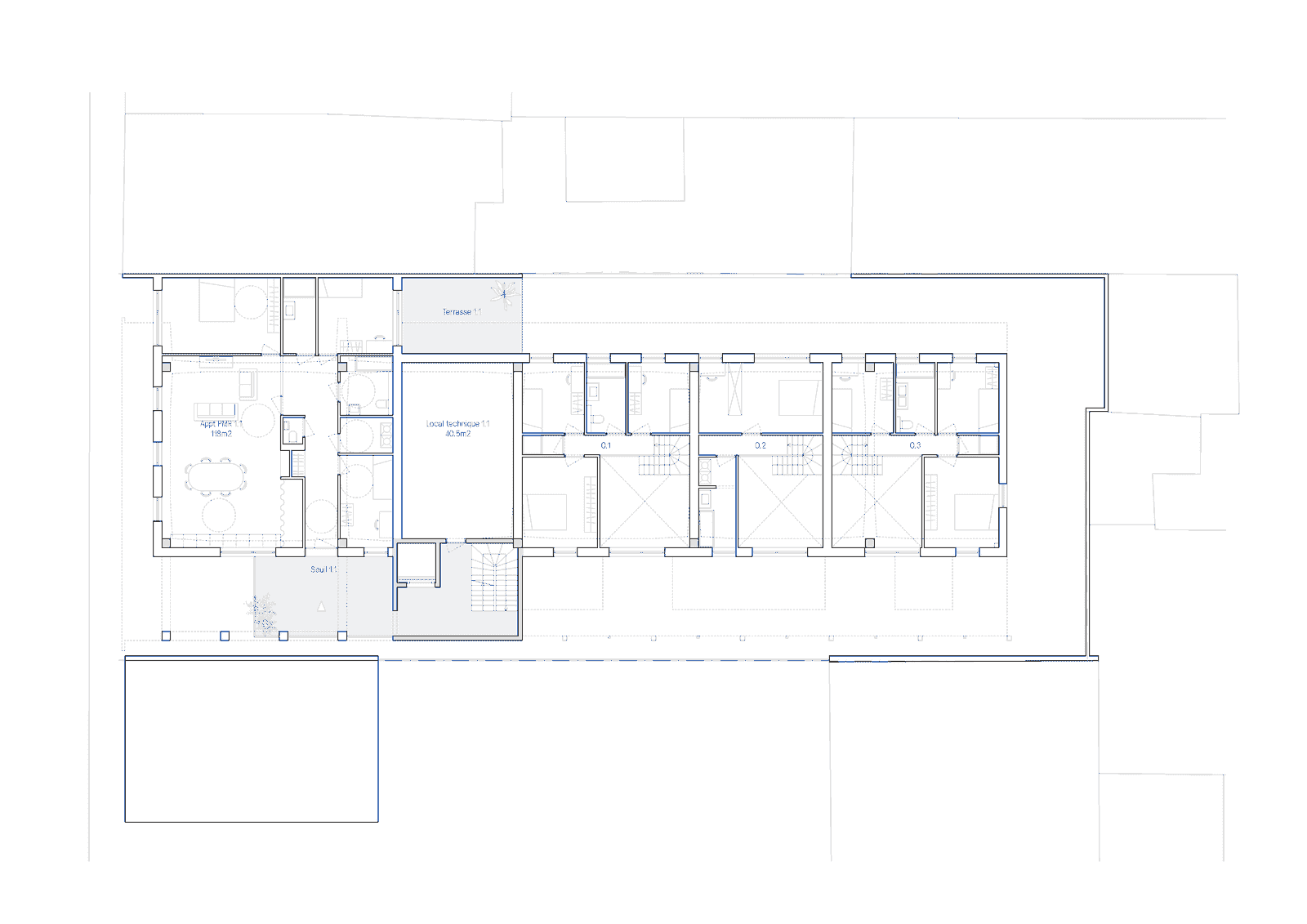 Long floor plan with repeated rooms along a central circulation route